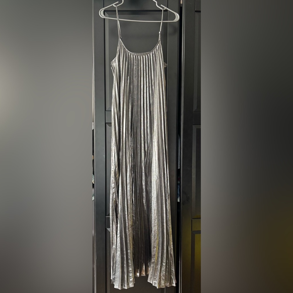 Banana Republic Silver Pleated Metallic Maxi Dress